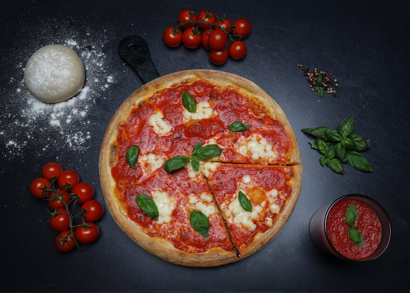 Classic Margherita mod pizza with fresh mozzarella and basil